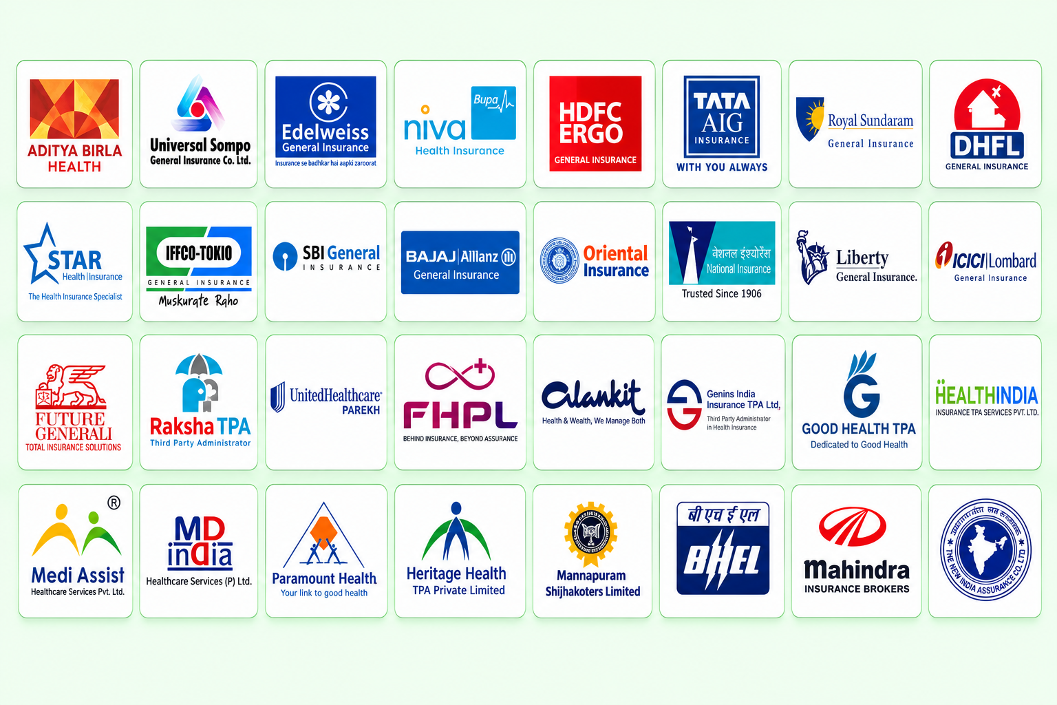 Logo grid of health insurers and TPAs including Star Health, Niva Bupa, HDFC ERGO, Care Health, ICICI Lombard and Aditya Birla Health