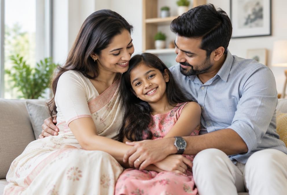 Parents and daughter sharing a warm moment at home