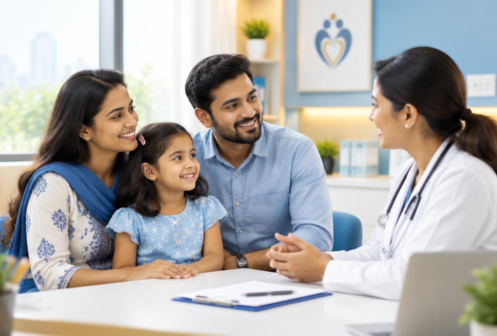 A family consulting a doctor in a bright clinic