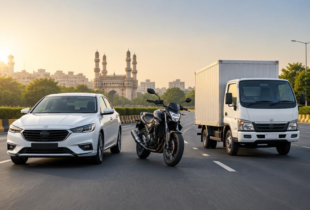 Car, motorcycle and commercial vehicle on a Hyderabad road
